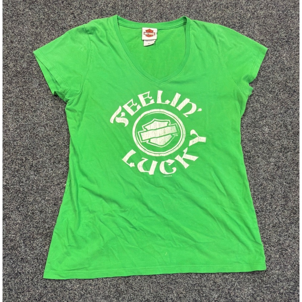 Harley-Davidson T-Shirt Womens XL Green Feelin Lucky Smoky Mountain Biker Tee
